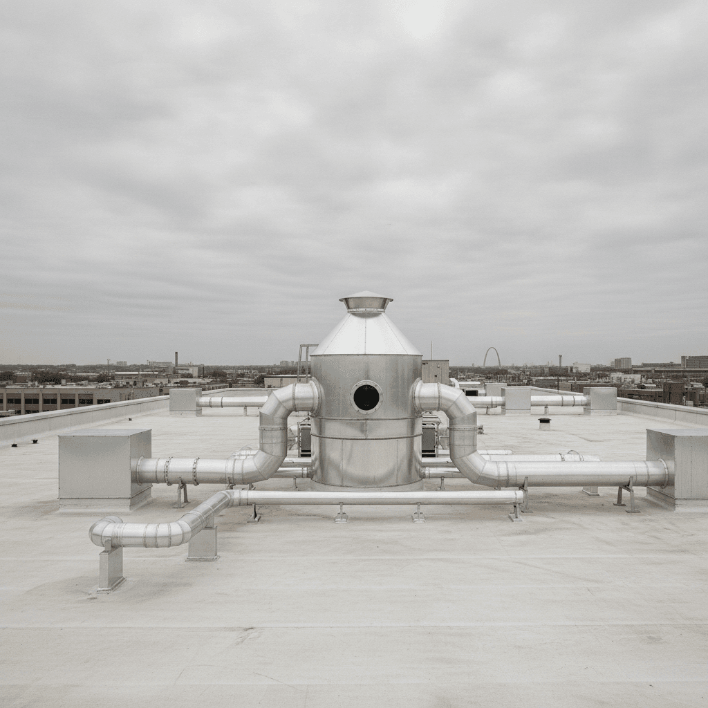 Industrial rooftop ductwork and blowpipe system overlooking the St. Louis skyline