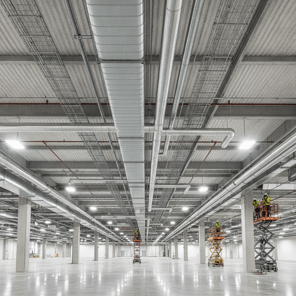 Industrial ductwork and piping installation inside a commercial facility