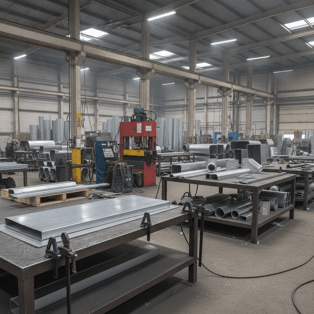 Commercial metal fabrication shop with sheet metal and duct components