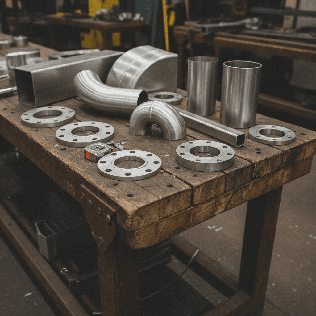Custom pipe fittings and fabricated duct sections on a workbench