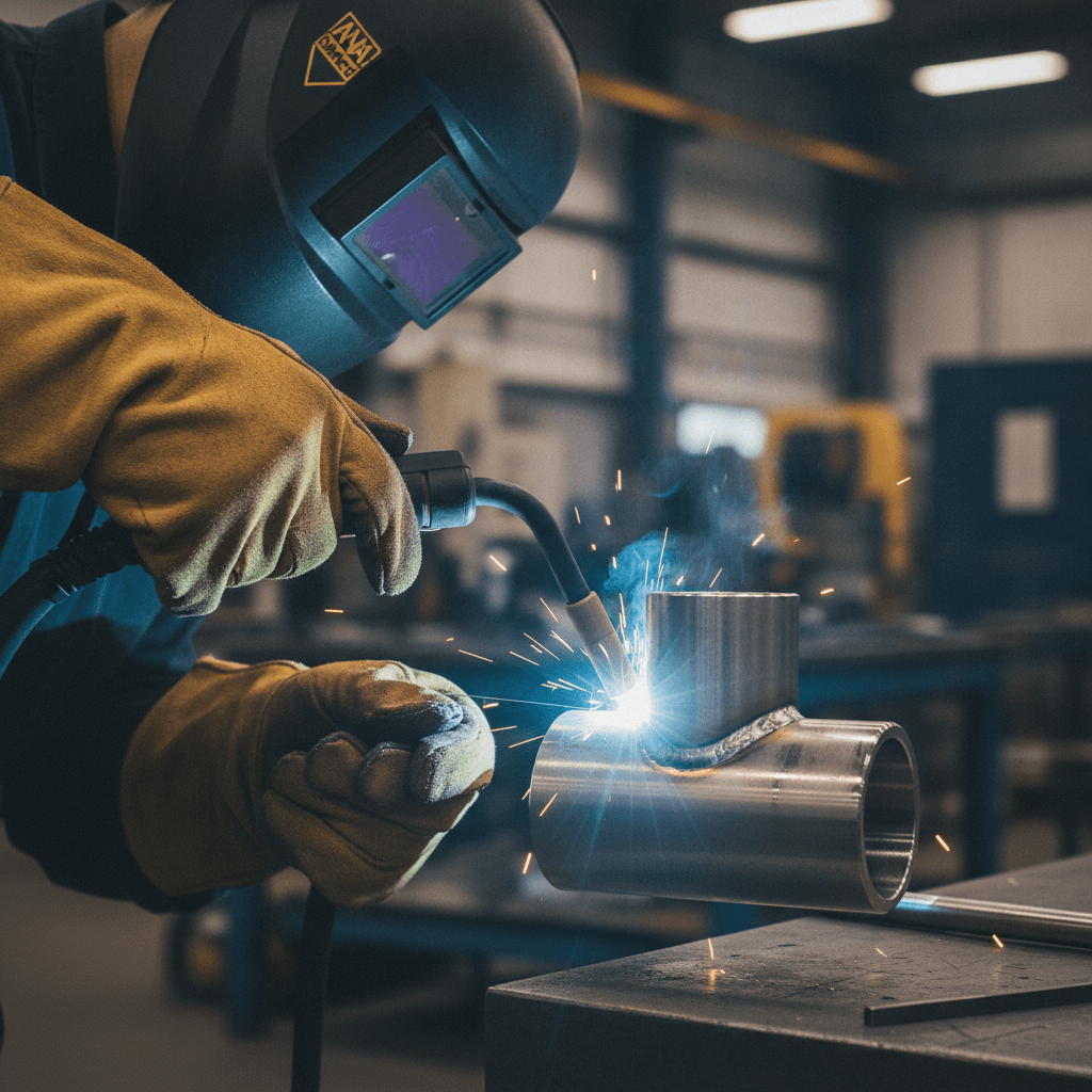 Metalworker welding stainless steel pipe fittings